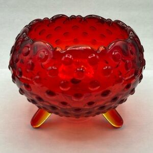 Vintage LE Smith Red Art Glass Footed Decorative Candy Bowl Amberina Hobnail